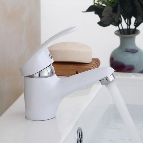 Robinet de lavabo de salle de bain blanc, robinet de lavabo mitigeur monocommande robinet de salle de bain noyau de valve en céramique à faible bruit (1/5)