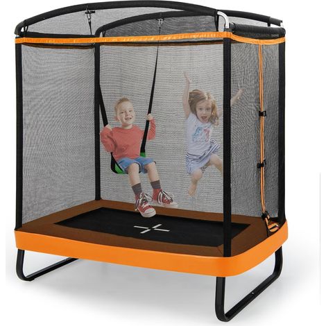 GOPLUS Trampoline Exterieur Enfant 3 Ans+ avec Balançoire,avec Filet de Sécurité,Housse à Ressorts,Cadre en Métal Galvanisé,Orange (1/5)