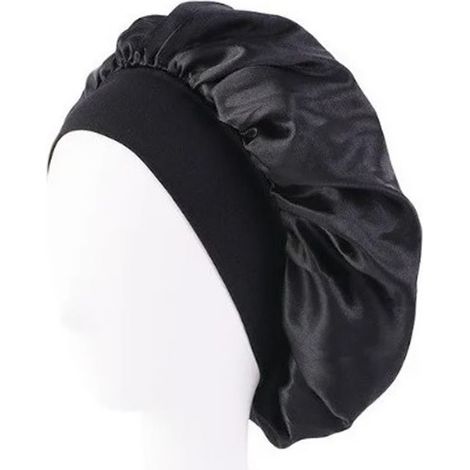Bonnet De Nuit Satin Noir - Bandeau Élastique Large Pour Cheveux - Protection Sommeil Et Soins - Taille Unique 58cm (1/5)