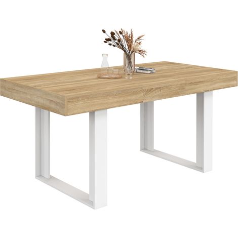 Table à manger extensible rectangle PHOENIX 4-6 personnes bois et blanc 120-160 cm