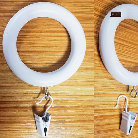 Lot de 20 anneaux de tringle à rideaux en bois de hêtre naturel sculpté avec clips de 7,6 cm de diamètre extérieur pour tringle à rideaux de 2,6 à 3,8 cm (blanc) (1/5)