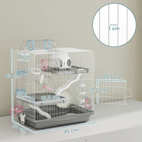 Cage à hamster à 3 étages avec 14 tubes (avec maison, rampe et accessoires), en métal et plastique, 45 x 30 x 45 cm, grise (1/5)
