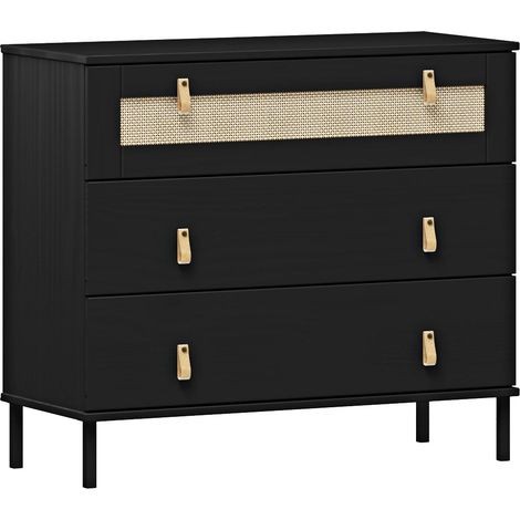 Schubladenkommode Kiefer massiv in schwarz mit Kunststoffgeflecht, WATFORD-69 (1/5)