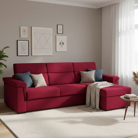 Sofá Cama con Chaise Longue, Desenfundable, Contenedor Made in Italy, Hidrófugo Multiposición, 285x160 cm Rojo (1/5)
