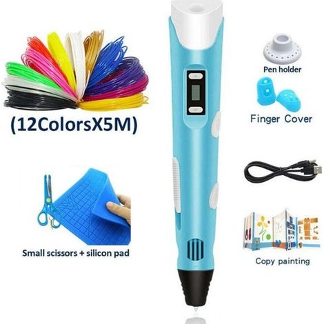 Lápiz de impresión 3D para niños, modelo USB con área 5 m x 12 colores + fundas dedos + tapete silicona + libro pintura plegable + tijeras, azul (1/2)