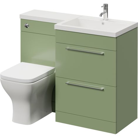Napoli 460 Olive Green 1100mm 2 Drawer Vanity Unit Toilet Suite with Right Hand Square Lucia Basin - 1100mm - Chrome 320mm HandleWith Kingston Toilet Pan and Seat