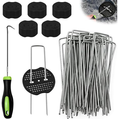 Lot de 50 crochets en toile anti-mauvaises herbes (150 x 40 mm, Ø 2,5 mm) et 50 rondelles et crochets à clous, ancrages galvanisés en forme de U anti-rouille pour jardin, tente, camping, voyages (1/5)