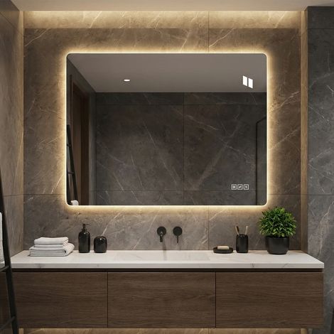 Miroir LED 80x60 cm – Miroir salle de bain sans cadre avec 3 couleurs, anti-buée, mémoire et montage horizontal ou vertical (1/5)