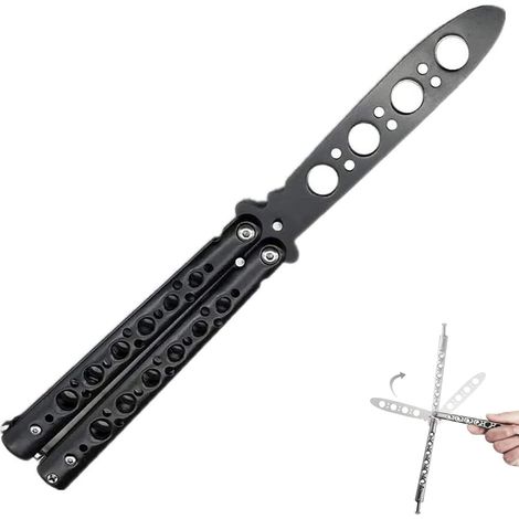 Couteau Papillon Lame Entraînement Métal Non Tranchante Acier Inoxydable Sans Danger Adapté Aux DéButants (Noir) (1/5)