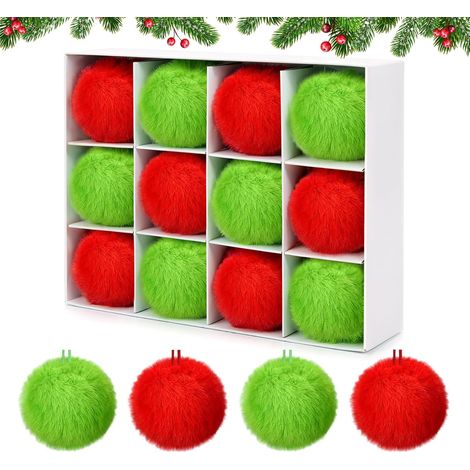 Juego de 12 adornos navideños de peluche rojos y verdes - Decoraciones navideñas - Decoración navideña para habitaciones - Adornos rojos y verdes - 6 cm - Para Navidad, fiestas, Navidad