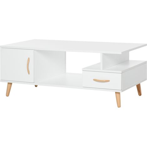 Modern Minimalism Coffee Table with Storage, Sofa Side Table with Shelf & Drawer for Living Room Reception Room, White (1/5)