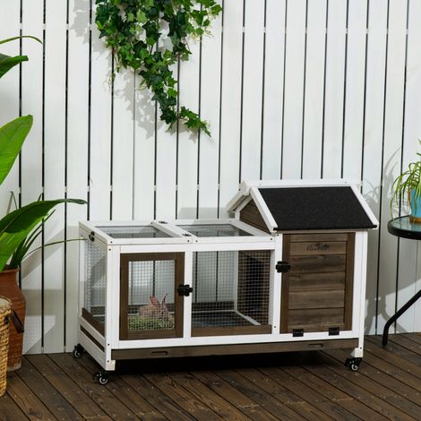 Clapier Roues Lapins Plateau Amovible Brun Foncé Animaux Compagnie Bois 108x58x73,5cm