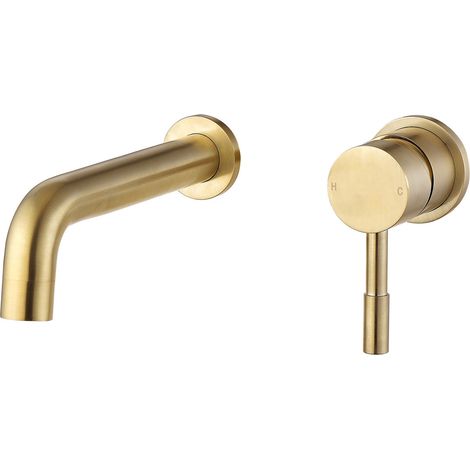 Signature Sail 2-Hole Mono Basin Mixer Tap Wall Mounted 155mm Spout Reach - Brushed Brass (1/4)