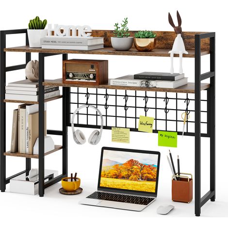 COSTWAY Desk Shelf 4-Tier Desktop Display Rack with Metal Grid Panel Brown (1/5)