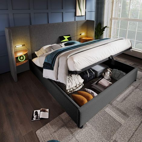 Lit coffre 160x200 cm, 2 tables de chevet, liseuses tactiles, USB et USB-C, rangement hydraulique, sommier bois massif et métal, gris (1/5)