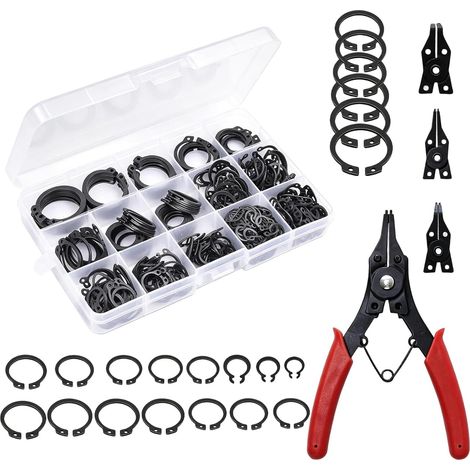 Circlips Exterieur, Lot de 415 21 Tailles Assortiment de Bagues de Retenue, Ensemble avec Pince à Circlips 4 en 1, Externes C-Clip pour la Réparation de Clips à Goupille (1/5)