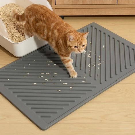 Cat Litter Tray Mat, 60 x 38 cm Rubber Silicone Cat Litter Mat, Waterproof, Cat Mat, Cat Litter Tray for Floor, Easy to Clean, Non-Slip Cat Litter Mat for Litter Control, Grey (1/5)