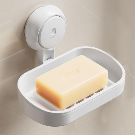 FLITI Suction Soap Holder for Bathroom, Max Capacity 3 KG, Shower Soap Bar, Wall Mounted, No Drilling Required, Removable Plastic Soap Dish with Drainage, Sponge Holder - White (1/4)