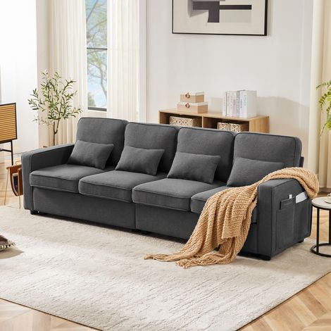 Sofá 4 plazas 264x83x87 cm gris oscuro en lino con cojines lumbares y bolsillos en reposabrazos (1/5)