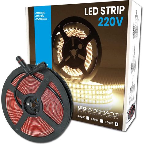 LED ATOMANT Rotolo da 5 metri di Striscia LED Diretta a 220V, 12W/m, Colore Bianco Freddo (6500K), Impermeabile (IP65), Taglio ogni 10cm (1/5)