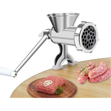 Manueller Fleischwolf mit Kurbel, rostfrei, für Würste und Schweinefleisch, zur Aufstellung auf einem Tisch. (1/5)