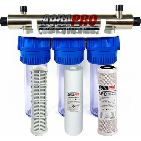 Station de filtration UV 6 GPM – Filtre à sédiments 20 microns – Charbon actif pour eau claire – Désinfection 99,99 % bactéries (1/4)