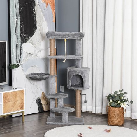 Árbol Rascador para Gatos Altura 120 cm Torre de Gatos con Plataformas Cueva Hamaca Postes de Yute 48x48x120 cm Gris (1/5)