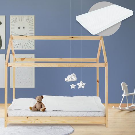 ML-Design Cama Infantil Casa Natural 80x160 cm de Madera de Pino + Colchón de Espuma Fría 10cm, Techo y Somier de Listones, Cuna de Suelo Maciza Casita de Juego Juvenil Mobiliario para Niño y Bebé (1/5)