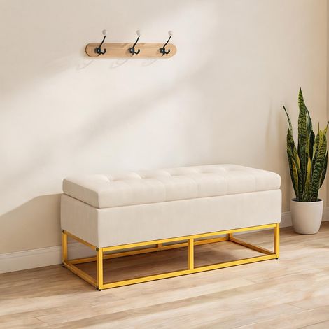 Pouf beige en velours Polyester mousse acier 110 x 44 x 49 cm (1/5)