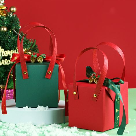 Boîte Cadeau Noël - Boîte Pommes Papier Carton Vert - 9 x 9 x 9 cm - avec Clochettes Dorées et Ruban Vert - Lot de 1 (1/5)