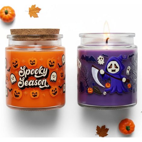 2er Set Halloween Kerzen im Glas, Sojawachs Duftkerze mit Kürbis Geist Motiv