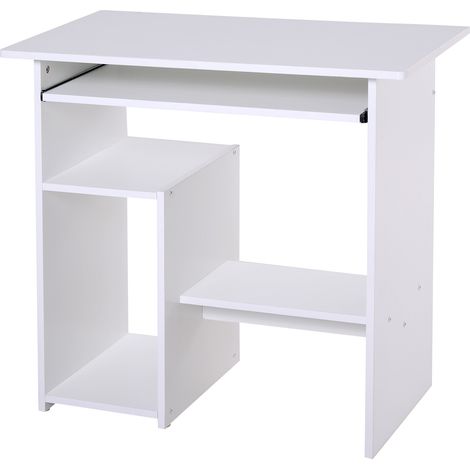Compact Small Computer Desk, Wooden Table, Keyboard Tray, Storage Rack, Modern Corner Table, Home Office Desk, White (1/5)