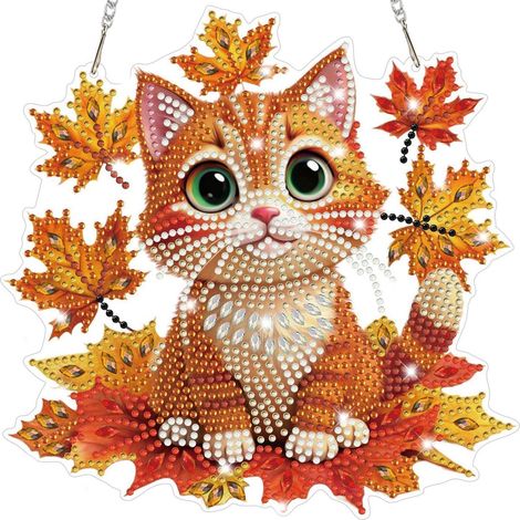 5D Diamond Painting Anhänger Katze mit Ahornblättern, Fensterbild Bastelset für Erwachsene