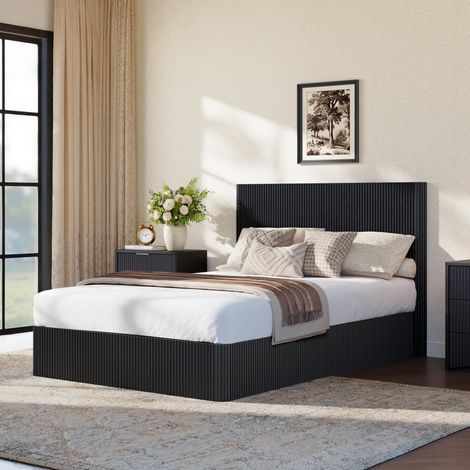 Cama canapé 140 x 200 cm con almacenaje hidráulico, cabecero acanalado, negro (1/5)