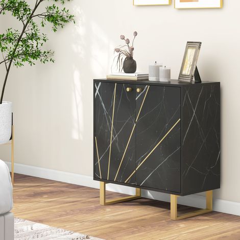 Sideboard mit zwei Türen und verstellbarem Einlegeboden, Metallbeine, 76 x 35 x 77 cm, Oberfläche in schwarzem Marmor-Finish