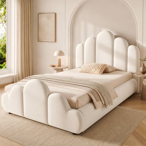 Lit enfant 90x200 cm en velours beige, tête de lit, pour chambre d'enfant, sans matelas – MEUBLIV (1/5)