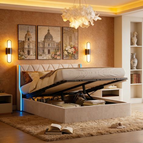 Einzelbett 140 x 190 cm, Samt, hydraulisch verstellbares Bett mit Stauraum, integrierte LED-Beleuchtung, Lattenrost aus Holz, stabile Metallkonstruktion