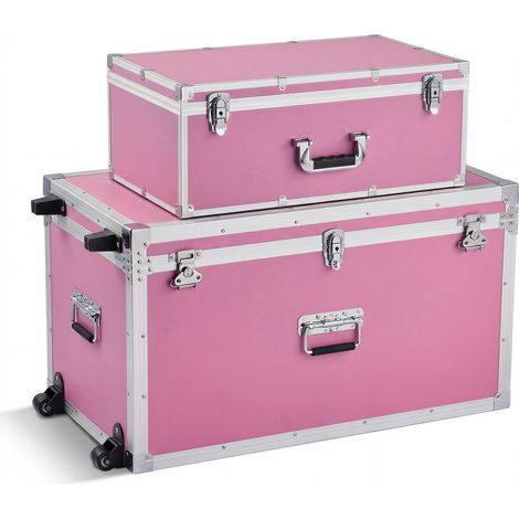 Mophorn 2 x Transportkoffer Aufbewahrungskoffer mit Rollen & 3 Metallgriffen, Große abschließbare Aufbewahrungskisten mit Deckeln, Praktische Truhe für Zuhause in Rosa (1/5)