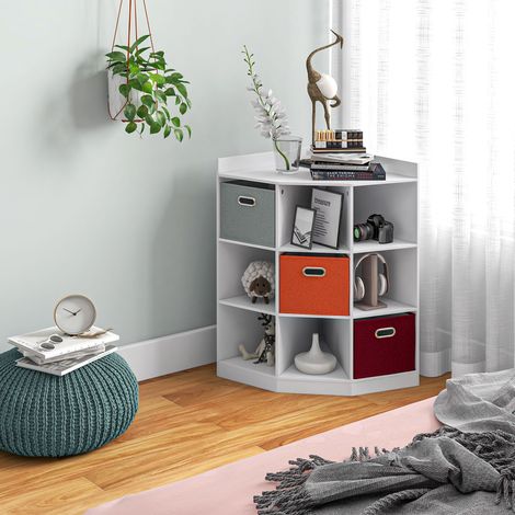 Mobile angolare contenitore, mobile per bambini, contenitore con 9 nicchie e 3 cassetti, MDF non tessuto, bianco