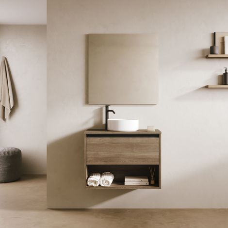 KLEIN 70cm Meuble et vasque avec un tiroir et un niche, Chêne Vulcano. (1/4)