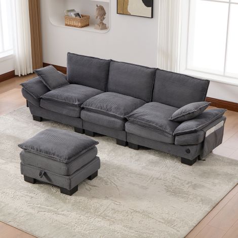 Sofá modular de 3 plazas de terciopelo acanalado (pana) con puf, USB-C y bolsillos laterales, gris oscuro, 260x132x84 cm (1/5)