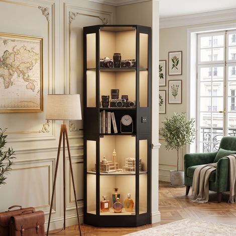 Creahappy Vitrine d'Angle Verre 57x40x165 cm - Meuble Rangement LED Détecteur Présentoir Collection - Noir (1/5)