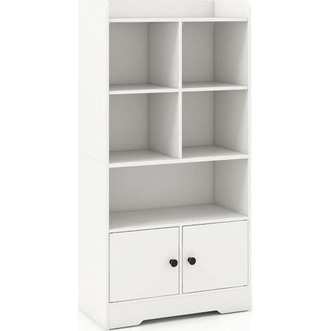 Libreria con 5 scomparti di stoccaggio e 2 armadi, Mobile espositore con mensole aperta per soggiorno e studio Bianco (1/4)