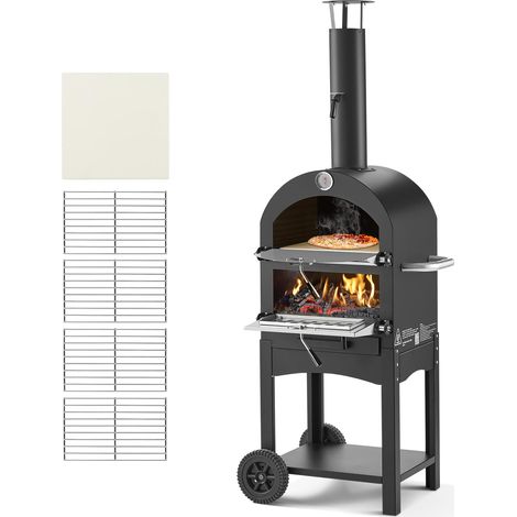 Four à Pizza d’Extérieur 12 pouces 305 mm, Four à Granulés de Bois 2 Niveaux, avec Deux Roues Amovibles, Température Maximale de 538 °C, pour Réunion Camping Jardin Arrière-Cour Barbecue (1/5)