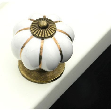 Set de 8 boutons de meubles en céramique de style européen vintage et en forme de citrouille pour vanité, armoire et tiroirs, blanc (1/4)