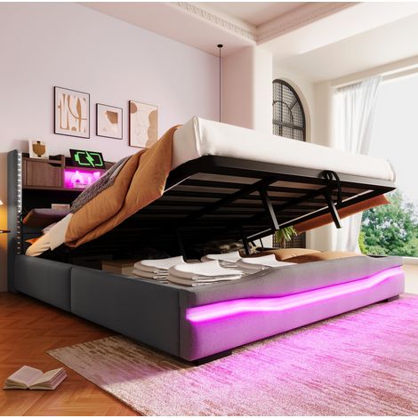 Polsterbett Stauraumbett 180x200 cm mit LED und USB- und Typ-C-Anschlüssen in Leinengrau, ohne Matratze (1/5)