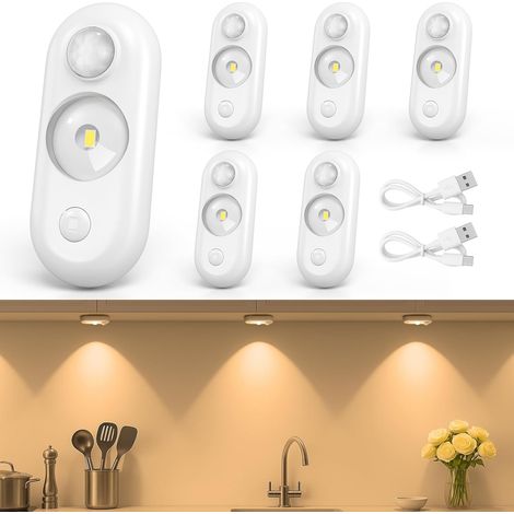Lot de 6 spots LED à détecteur de mouvement, éclairage magnétique rechargeable pour sous-meuble, petite veilleuse d'intérieur à intensité variable (1/5)