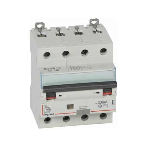 Disjoncteur différentiel monobloc DX³6000 10kA arrivée haute et départ bas à vis 4P 400V - 25A - 411188