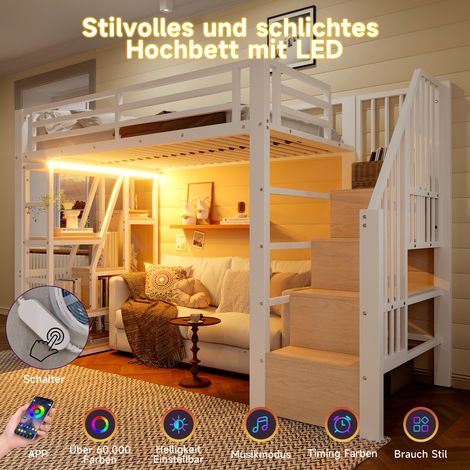 Lit mezzanine, en fer, éclairage LED, avec matelas, blanc, 90 x 200 cm, pour maison et usage quotidien, espace de rangement sous le lit sans matelas