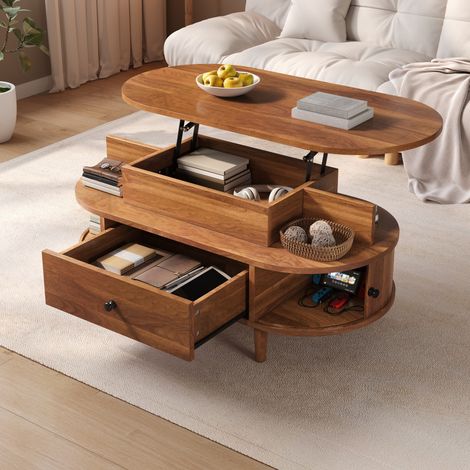 Table Basse Ovale Relevable avec Rangement, Table De Salon Hydraulique avec Plateau Élévateur, Grand Tiroir et Portes Coulissantes, MDF, Pieds en Bois d'Hévéa, Noyer (1/5)
